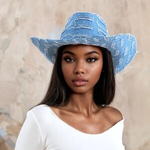 Distressed Denim Cowgirl Hat with hints of Red